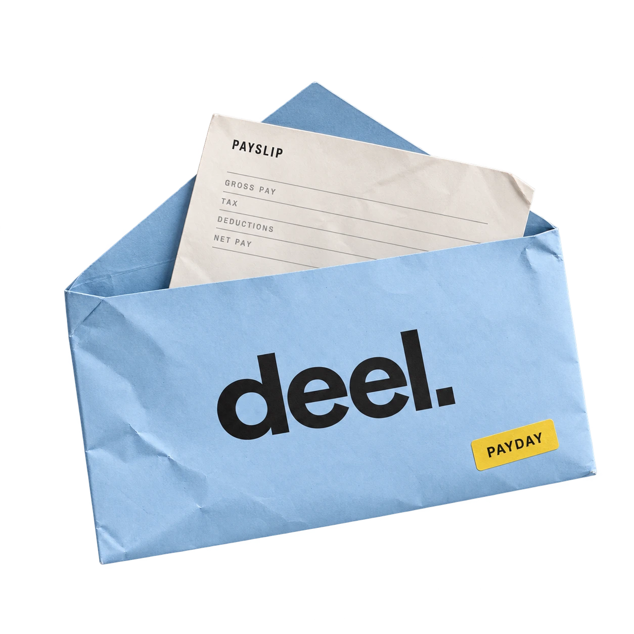 A Deel payday envelope with a payslip and a yellow Payday sticker