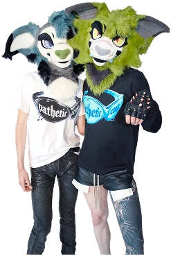 Two community members in furry costumes and PATHETIC T-shirts