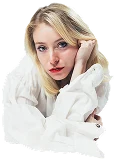 Community member leaning forward in a white hoodie